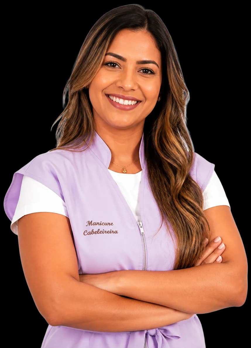 Profissional de beleza sorrindo, de braços cruzados, vestindo uniforme com bordado 'Manicure · Cabeleireira'